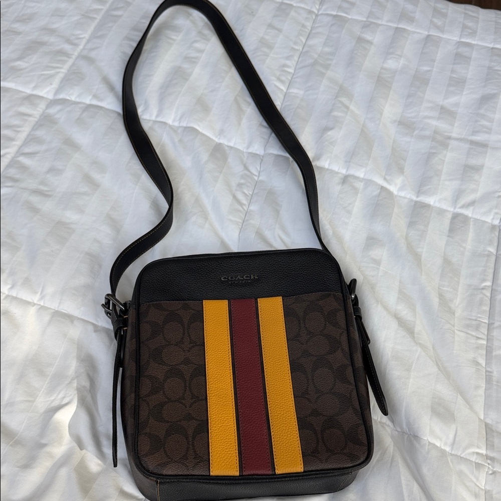 Coach Men’s Brown Signature Messenger Bag with Yellow & Red Stripes